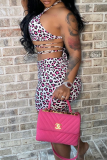 Pink Sexy Leopard Patchwork Spaghetti Strap Sleeveless Two Pieces