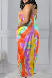 Multicolor Casual Patchwork Tie-dye Spaghetti Strap Straight Dresses