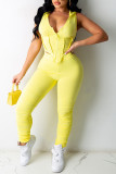Yellow Fashion Sexy Solid Strap Design Hooded Collar Sleeveless Two Pieces
