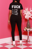 Black Casual Print Letter O Neck Short Sleeve Two Pieces