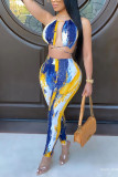 Blue Fashion Sexy adult Patchwork Print backless Tie Dye Bandage Two Piece Suits pencil Sleeveless Two Pieces