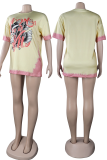 Blue Casual Print Patchwork O Neck T-Shirts