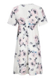 White Sexy Fashion Cap Sleeve Short Sleeves V Neck A-Line Knee-Length Patchwork Print 