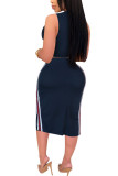 Navy Blue Fashion Casual adult Ma'am Patchwork Solid Two Piece Suits pencil Sleeveless Two Pieces