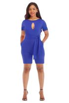 Blue Sexy Fashion bandage Patchwork Solid Hollow Short Sleeve O Neck 