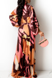 Yellow Brown Sweet Print Patchwork Knotted V Neck Long Sleeve Two Pieces