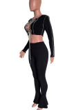 Black Sexy Solid Hollowed Out Patchwork Frenulum O Neck Long Sleeve Two Pieces