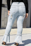 Baby Blue Sexy Solid Ripped Buttons Plus Size 