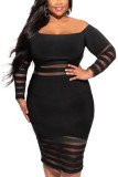 Red Sexy Solid Ripped Patchwork Bateau Neck Long Sleeve Knee Length Pencil Skirt Dresses