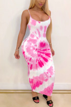 Light Pink Fashion Sexy adult White Pink Spaghetti Strap Sleeveless Slip Step Skirt Ankle-Length Print Patchwork Tie and dye Dresses