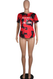 Red O Neck Short Sleeve Print