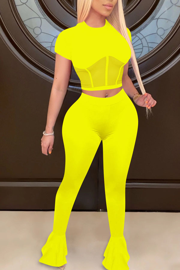 Yellow Fashion Sexy adult Ma'am Patchwork Solid Two Piece Suits Straight Short Sleeve Two Pieces