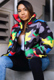 Green Turtleneck Camouflage Print Zippered Patchwork Spandex Print Long Sleeve Blazer & Suits &Jacket