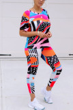 colour venetian Fashion Casual adult Ma'am Print Two Piece Suits pencil Short Sleeve Two Pieces