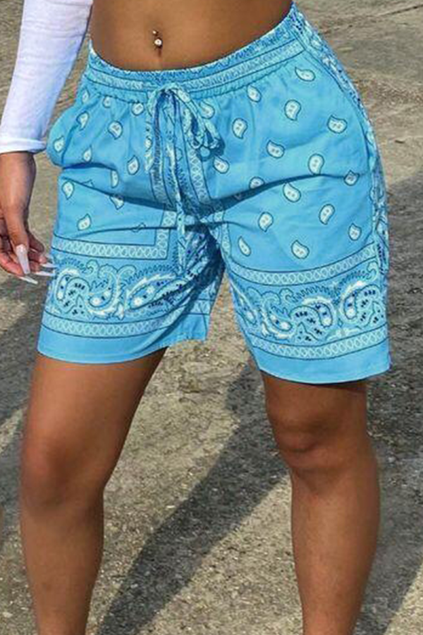 Light Blue Casual Print Patchwork Regular Mid Waist Straight Bottoms