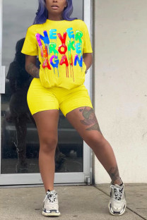Yellow Fashion Casual adult Letter Patchwork Print Two Piece Suits Straight Short Sleeve Two Pieces