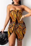 Yellow Fashion Sexy Print Backless Strapless Irregular Dress