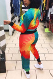 Blue Yellow Casual Print Tie Dye Patchwork O Neck Long Sleeve Two Pieces