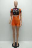 Orange Fashion Sexy adult Patchwork Print Two Piece Suits pencil Short Sleeve Two Pieces