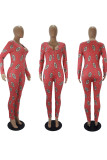 Red Living Print V Neck Skinny Jumpsuits