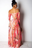 Red Sexy Fashion Off The Shoulder Long Sleeves Wrapped chest Step Skirt Ankle-Length Print split Patchwo