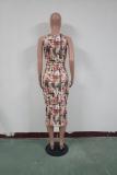 Multi-color Fashion Sexy Spaghetti Strap Sleeveless Slip Sheath Mid-Calf bandage Print Tie and dye asy