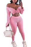 Pink Fashion Casual Adult Solid V Neck Long Sleeve Regular Sleeve Regular Two Pieces