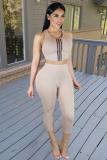Coffee Fashion Sexy Solid crop top Striped Slim fit Skinny Sleeveless Two-piece Pants Set