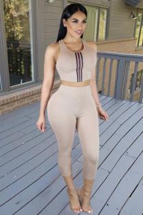 Coffee Fashion Sexy Solid crop top Striped Slim fit Skinny Sleeveless Two-piece Pants Set