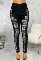 Black Sexy Solid Ripped High Waist Skinny Denim
