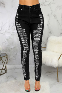 Black Sexy Solid Ripped High Waist Skinny Denim