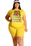 Black Fashion Casual adult Ma'am O Neck Patchwork Print Two Piece Suits Pattern Plus Size