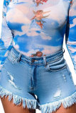 Blue Denim Button Fly Sleeveless Mid Patchwork Solid Tassel Old Straight Pants Bottoms