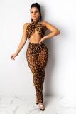 serpentine Sexy Fashion adult Leopard Two Piece Suits asymmetrical Print Mesh pencil Sleeveless