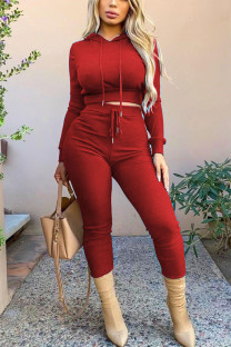 Wine Red Casual Solid Patchwork Hooded Collar Long Sleeve Two Pieces