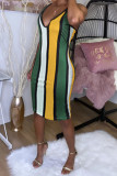 Red Fashion Sexy Red Blue Pink Yellow Wine Red Navy Blue Tank Sleeveless V Neck Hip skirt Knee-Length Striped Dresses