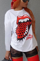 White Casual Print O Neck Mid Waist Tops