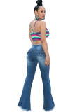 Blue Denim Button Fly Zipper Fly High Solid Zippered Pocket Boot Cut Pants 