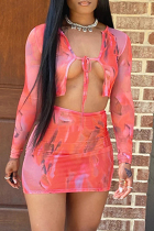 Red Sexy Print Patchwork V Neck Long Sleeve Two Pieces