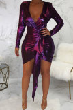 Blue Sexy Fashion Cap Sleeve Long Sleeves V Neck Asymmetrical Mini Solid Patchwork asymmetrical