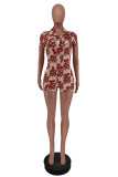Coffee Fashion Casual Print Basic Turndown Collar Skinny Romper