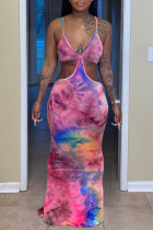 Pink Purple Fashion Sexy Print Backless Spaghetti Strap Sleeveless Dress