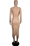 Khaki Elegant Solid Patchwork Slit Square Collar Long Sleeve Two Pieces