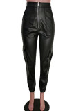 Black PU Zipper Fly Mid Zippered Solid Straight Pants Pants