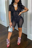 Blue Fashion Sexy Solid See-through Turndown Collar Short Sleeve Two Pieces