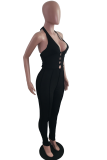 Black Street Solid Draw String V Neck Skinny Jumpsuits