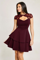 Wine Red Sexy O neck Princess Dress Mini hollow out Patchwork lace 