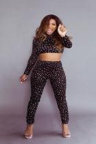 Black Milk Silk Street Print Dot pencil Long Sleeve Two-piece Pants Set