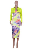 Green Street Fashion adult Two Piece Suits Button Print A-line skirt Long Sleeve Two-Piece Dres