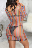 Pink Sexy Striped Mesh Swimwears Cover Up